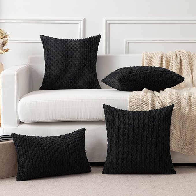 Kevin Textile 14x24 Inch Pillow Cover 1 Pack Boho Decorative Soft Striped Corduroy Lumbar Farmhouse Accent Rectangle Cushion Case for Living Room Couch Sofa Bed, Black