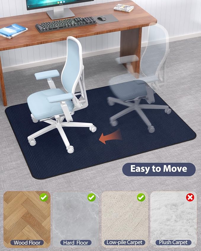 Blvornl Office Chair Mat for Hardwood Floor and Low Pile Carpet, 47" x 60" Corduroy Surface Desk Rolling Chair Mat for Hard Floors, Heavy Duty Carpeted Floor Protector Rug for Home Office, Dark Blue