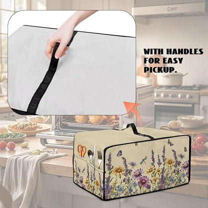 Convection Toaster Oven Cover with Side Pockets, Dust-Proof Smart Microwave Oven Protector for Countertop Decorations, M, Floral Butterfly Dragonfly