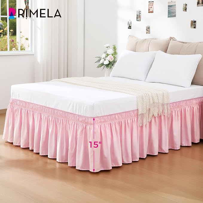 RIMELA Bed Skirt Twin Size Dusty Pink 15 Inch Drop, Wrap Around Elastic Bedskirt, Dust Ruffle for Adjustable Bed Base Soft Durable Fabric Machine Washable Easy to Install Bed Skirts