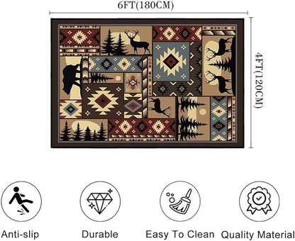 Rustic Rug for Bedroom,Cabin Wildlife Area Rug 4x6 Carpets Runner for Living Room,Buffalo Plaid Bear Moose Deer Country,Washable Throw Rugs Indoor Doormat Non Slip Floor Mats for Dining Room,Laundry