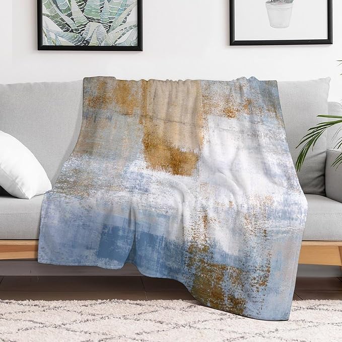 Abstract Gradient Blanket, Modern Fashion Art Blue Brown Painting Strokes Pattern Soft Warm Cozy Plush Flannel Covers for Livingroom Bedroom Couch Chair Camping Travel Home Decor Tapestry 60x80in