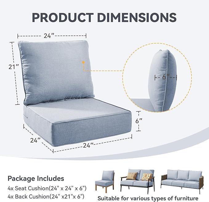 Outdoor Cushion Set for Furniture Patio Furniture, UV Resistant, Water Resistant - 6 Inch Thick Foam Garden Cushions– 24x24 Inch Patio Seat Covers for Chair/Sofa/Couch | Baby Blue | 4-Pack |