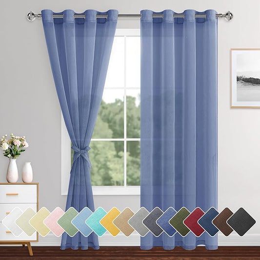 XWZO Sheer Curtains for Bedroom, Grommet Semi Transparent Faux Linen Window Curtains & Drapes for Living Room, Children's Room with Tiebacks, Dusty Blue, W52 x L90, Set of 2 Drape Panels