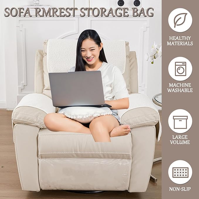 Armrest Cover, Recliner Chair Protector, Furniture Protector Slip, Side Storage Pocket, Stretch Armchair Couch Arm Rest Cover for Recliner, Chair, Sofa (Beige,1 Seater(3pcs))