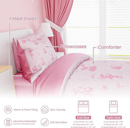 SANDJEST Ballerina Comforter Set Full Size 98x86in for Kids Girls, Microfiber 4 Pcs Bedding Set Includes 1 Comforter, 2 Pillowcases, 1 Fitted Sheet, Nursery Room Decor