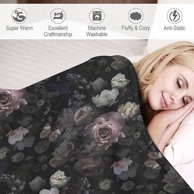 Vintage Gothic Floral Blanket, Black Pink Flower Rose Black Garden Roses Blooming Boho Throw Blankets for Home Bedding Couch Decor, 40"x50"