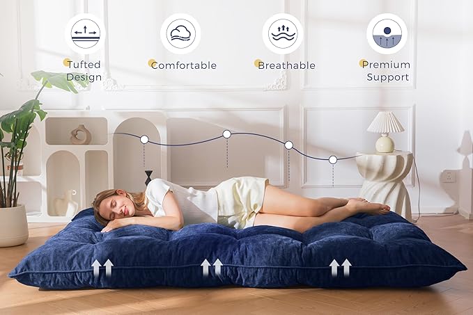 MAXYOYO Japanese Floor Mattress Queen Size, 6" Foldable Futon Mattress Tufted Roll Up Floor Bed, Thick Chenille Tatami Mat Sleeping Pad for Camping Guest Room Dormitory Bedroom RV, Navy