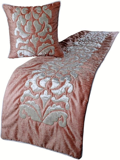 The HomeCentric Decorative Peach & Ivory King 90 x 18 inch Bed Runner with Pillow Cover, Velvet Applique Bed Scarf, Abstract Modern - Peach Elegance