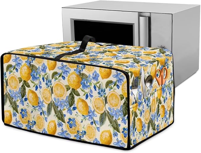 Waterproof Dust-Proof Microwave Oven Grill Cover Protector Lemon Floral Leaf Print Polyester-Linen Fabric Dust Cover with Storage Bags Case Protections for Microwave Oven, L