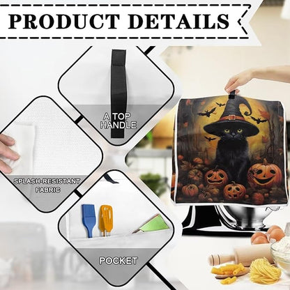 Halloween Mixer Covers - Black Cat Pumpkin Indoor Kitchen Decorations, Polyester Dustproof Cover with Pockets, Compatible with 6-8 Quart Stand Mixer