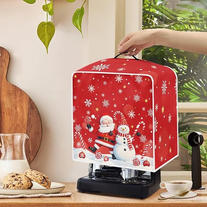 Cute Christmas Coffee Maker Cover with Handle, Santa Claus Snowman Foldable Coffee Machine Dust Cover Washable Kitchen Decor