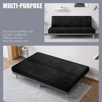 molasofa Leather Like Stretch Futon Slipcover Armless Futon Bed Sofa Cover Furniture Protector with Elastic Bottom, Soft and Washable Futon Cover for Sofa Bed Stay in Place（Medium，Black）