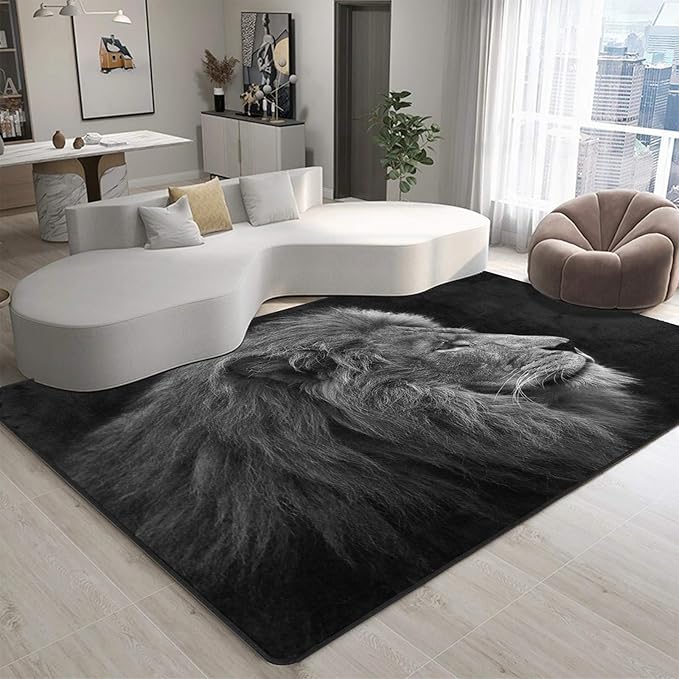 9CH Art Lion Area Rug Head Black Area Rugs Mat for Living Room Bedroom Non Slip Black Floor Rugs Carpet Home Indoor Decoration 7' X 5'