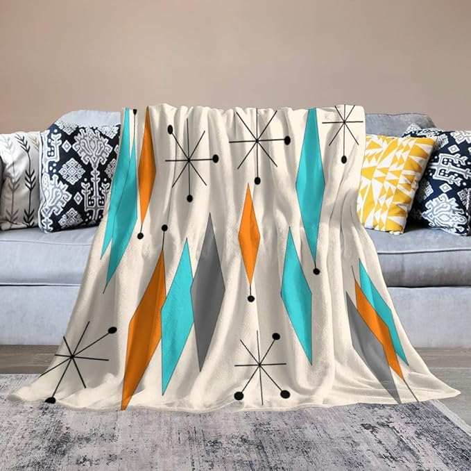 Mid Century Flannel Throw Blankets, Mid Century Modern Geometric Atomic Shapes Orange Retro Style Boho Print Blanket for Bed Couch Sofa Fuzzy Tv Throws 60"x80"