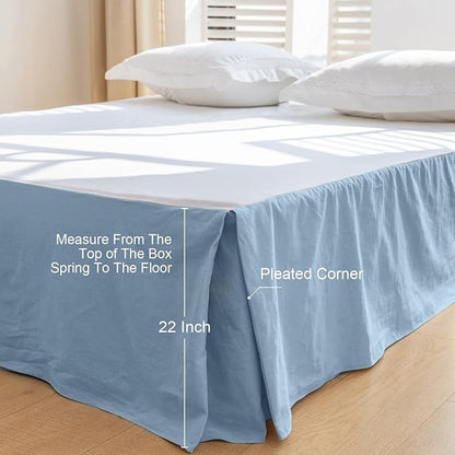 BISELINA French Linen Bed Skirt with Pleated Corner 22-Inch Tailored Drop Natural Flax Cotton Blend Basic Dust Ruffle Soft Cozy Farmhouse Bedding (22" King, Basic Dusty Blue)