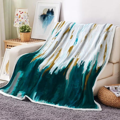 Abstract Ombre Throw Blankets, Modren Chic Art Oil Painting Cozy Warm Bed Couch Blanket, Teal Turquoise Gold White Fleece Flannel Throws to Decorate The Room and Bedroom