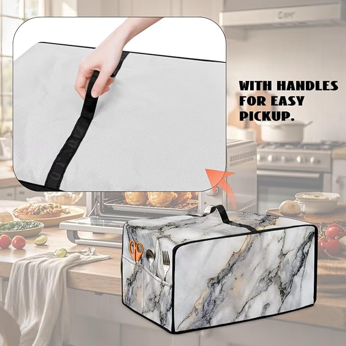 White Marble Texture Print Microwave Oven Dust Cover Sturdy Polyester-Linen Fabric Dust Cover for Microwave Oven Waterproof Universal Kitchen Appliance Protector, M