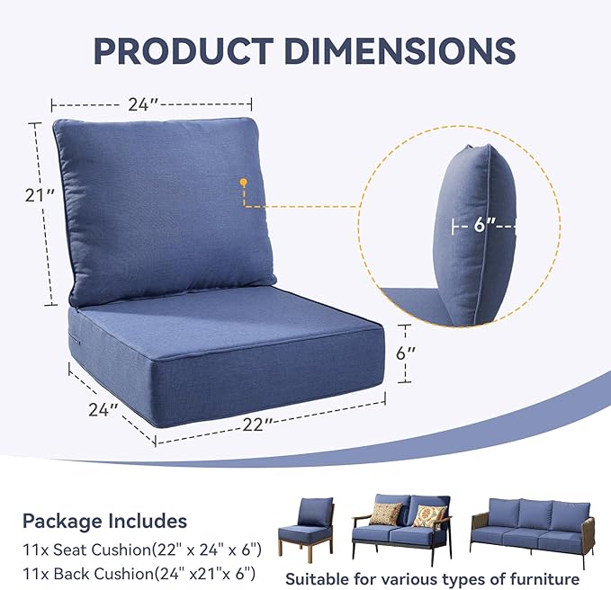 Outdoor Cushion Set for Furniture Patio Furniture, UV Resistant, Water Resistant - 6 Inch Thick Foam Garden Cushions – 22x24 Inch Patio Seat Covers for Chair/Sofa/Couch | Blue | 11-Pack |