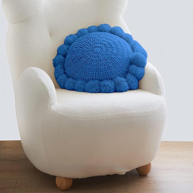Boho Round Throw Pillow with Cute Handmade Pom Poms Tassels 18 Inch, Decorative Circular Knitted Crochet Cushion for Couch, Sofa, Chair, Bed, Blue