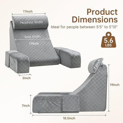 Vekkia Reading Pillow for Adults – Ergonomic 45° Wedge Back Support Chair for Sitting in Bed, XL Side Pockets, Perfect for Working, Gaming, Watching TV, Relaxing, or Recovery, Great Gift Idea, 19”