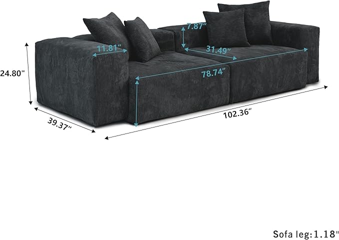 JACH 102" Corduroy Sectional Couch with 4 Pillows, Comfy Modular Sectional Sofa, Cushion Covers Removable, Oversized Love Seat Couches for Living Room, Office, Apartment, Black