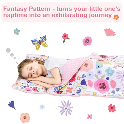 Viviland Toddler Nap Mat, Rolled Sleeping Mats with Pillow and Minky Dot Blanket for Girls, Kids Slumber Bag Nap Mat for Preschool, Daycare, Kindergarten, Travel Camping - Butterfly Garden