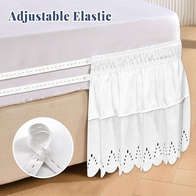 Full Bed Skirt, Double-Layered Ruffled Eyelet Bed Skirt, Wrap-Around Elastic Dust Ruffle Full Size with Gathered Styling and Embroidered Details, 14" Drop Length (White)