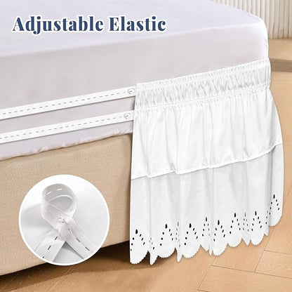 Twin Bed Skirt, Double-Layered Ruffled Eyelet Bed Skirt, Wrap-Around Elastic Dust Ruffle Twin Size with Gathered Styling and Embroidered Details, 18" Drop Length (White)