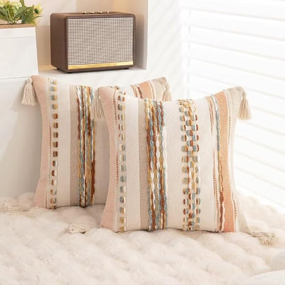Boho Throw Pillow Covers 18x18 Set of 2 Woven Tufted Farmhouse Pillows Cover with Tassels Textured Striped Cushion Case Neutral Pillow Cases Decorative Pillowcase for Sofa Couch Bed,Orange