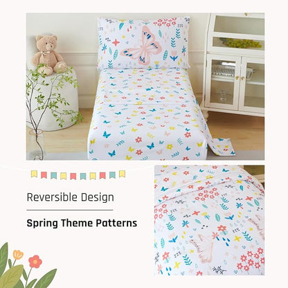 PERFEMET 5 Pieces Girls Bed in A Bag Full Size Reversible Pink Flowers Butterfly Comforter Set with Sheet Soft Lightweight Botanical Floral Bedding Set for Kids Teen(White, Full)