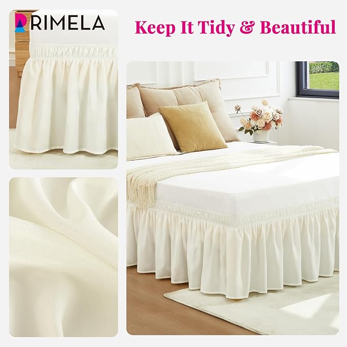 RIMELA Cream Bed Skirt Wrap Around Elastic Dust Ruffles Solid Color Wrinkle and Fade Resistant with Adjustable Elastic Belt Easy to Install for Queen Size 21 Inch Drop