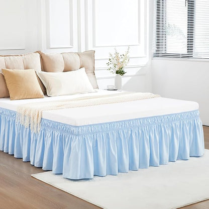 RIMELA Light Blue Bed Skirt King Size 15 Inch Drop, Elastic Bed Skirting for Bed Base and Frame, Bedding Dust Ruffle Easy to Install, Lightweight Wrap Around Adjustable Bedskirt