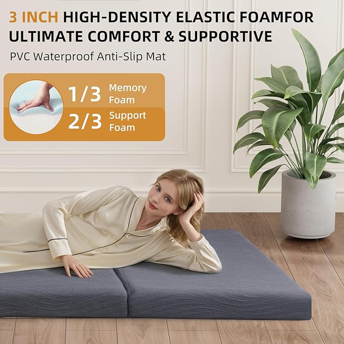 Foldable Memory Foam Mattress - 3 Inch Single Waterproof Collapsible Mattress with Washable Cover, Portable Guest Bed Pad, Sleeping Mat for Travel RV Camping Yoga, Non-Slip Bottom,75"x30"x3"