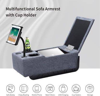 Removable Sofa Armrest, Dual Cup Holders Large Size Multifunctional Couch Caddy Storage Arm Rest with Power Wireless Charging Stand & LED Reading Light for Sofa Middle Seat Adjustable