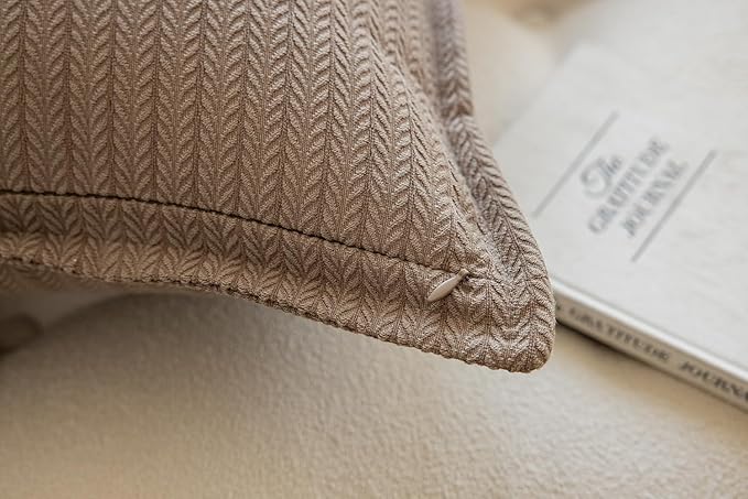 Set of 2 Cozy Striped Herringbone Flange Throw Pillow Covers, Aesthetic Embossed Pattern Pillow Covers for Couch and Bed - 18"x18", Taupe