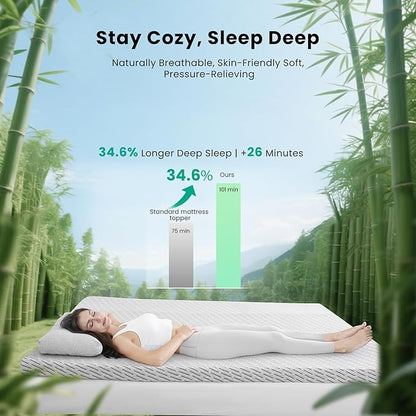 Bamboo Mattress Topper Twin Size 2 Inch, Cooling Gel & Bamboo Charcoal Memory Foam Mattress Topper for Back Pain Relief, Firm Dual-Layer Foam Bed Pad with Removable Cover College Dorm