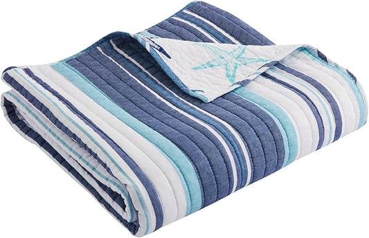 Levtex Home - Camps Bay Quilted Throw - Striped Coastal Pattern in Light Blue and Navy - 50 x 60in. Reversible Cotton Throw Blanket