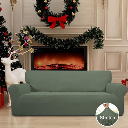 Easy-Going Stretch Sofa Slipcover 1-Piece Sofa Cover Furniture Protector Couch Soft with Elastic Bottom for Kids, Polyester Spandex Jacquard Fabric Small Checks (Sofa, Greyish Green)