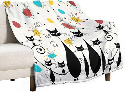 Mid Century Modern Throw Blanket, Atomic Black Cat Starbursts Iconic Sputnik Retro Abstract Geometric 1950s 1960s Throw for Adults Kids Pet, Beige Black 60"x80"