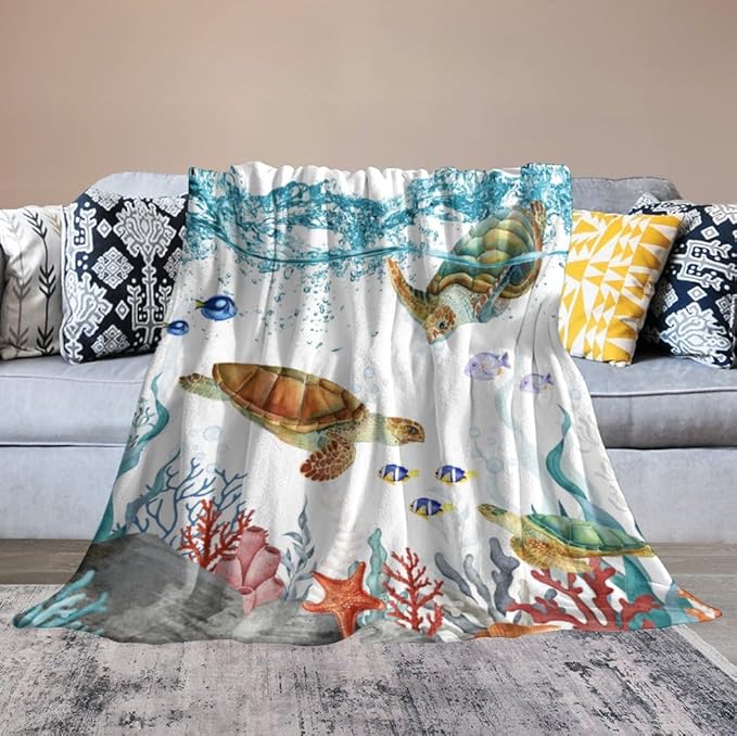 Sea Turtle Throw Blanket, Teal Blue Ocean Underwater Animal Starfish Fish Nautical Coastal Theme Fleece Flannel Blanket for Couch Sofa Bedroom Adults Kids, 30"x40"