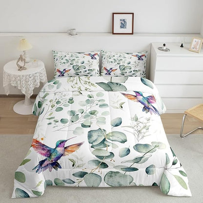 Erosebridal Cartoon Hummingbird Queen Bedding Sets Toddler Wildlife Bird Comforter Set, Plant Down Comforter Eucalyptus Leaf Bedding Comforter Sets, Jungle Animal Theme Duvet Insert Kids Room Decor