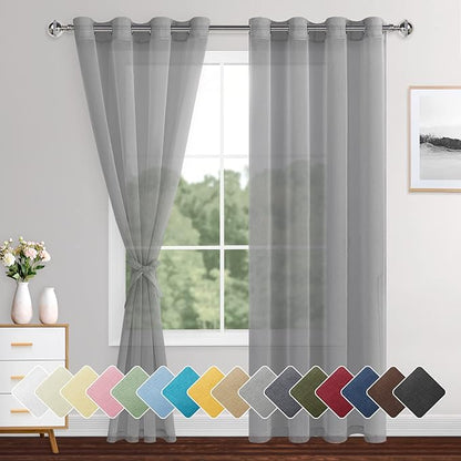 XWZO Grey Sheer Curtains for Bedroom, Light Filtering Privacy Voile Textured Drapes, Grommet Tieback Window Curtains for Living Room, Home Office, Kids' Room, 52 x 84 Inch, Set of 2 Panels