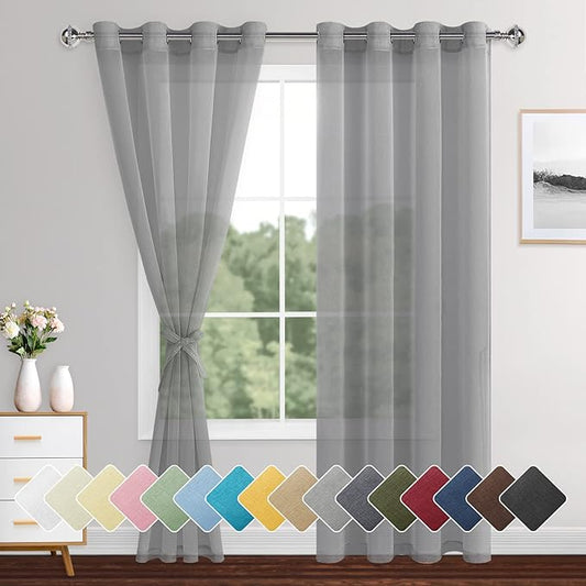 XWZO Grey Sheer Curtains for Bedroom, Light Filtering Privacy Voile Textured Drapes, Grommet Tieback Window Curtains for Living Room, Home Office, Kids' Room, 52 x 84 Inch, Set of 2 Panels