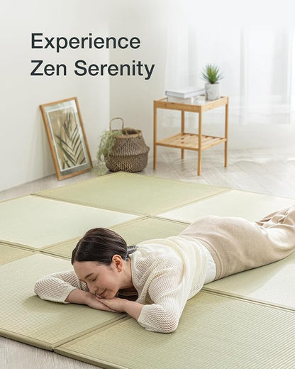 FULI Japanese Square Tatami Rug, Lightweight Igusa Mat (Japanese Rush Grass), Made in Japan (Natural, 6 Pieces)