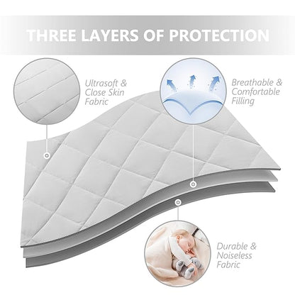 TILLYOU Pack and Play Sheets Pad - Waterproof Play Yard Playpen Sheets Pad, Soft Quilted Sheets with 1''-3'' Deep Pocket, Breathable and Fluffy, 39"x27",Light Grey