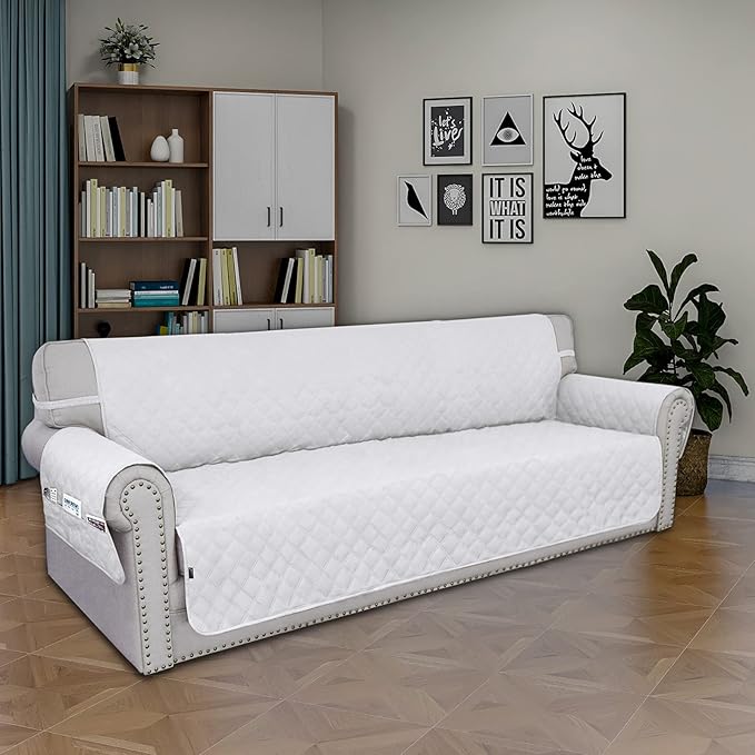 Easy-Going Sofa Slipcover Waterproof Sofa Cover Couch Cover for 4 Cushion Couch with Elastic Straps Washable Non-Slip Furniture Protector Cover for Pets, Dogs, Cat (XX-Large, White)