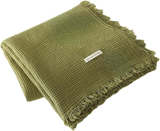 MorroMorn 100% Cotton Muslin Throw Blanket with Fringes 50"x60", 4-Layer Cotton Gauze Blankets for Adults, Boho Bedding Breathable Lightweight Ultra-Soft for Couch Bed Sofa All Seasons, Olive Green