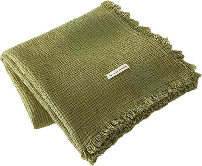MorroMorn 100% Cotton Muslin Throw Blanket with Fringes 50"x60", 4-Layer Cotton Gauze Blankets for Adults, Boho Bedding Breathable Lightweight Ultra-Soft for Couch Bed Sofa All Seasons, Olive Green