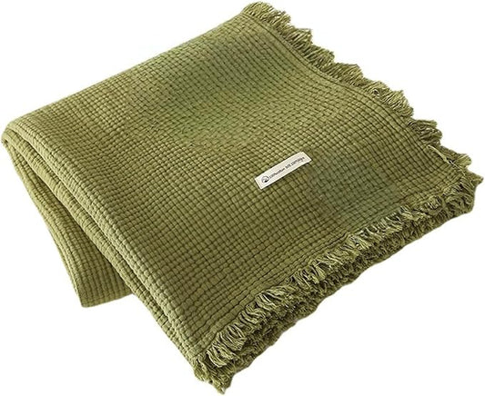 MorroMorn 100% Cotton Muslin Throw Blanket with Fringes 50"x60", 4-Layer Cotton Gauze Blankets for Adults, Boho Bedding Breathable Lightweight Ultra-Soft for Couch Bed Sofa All Seasons, Olive Green